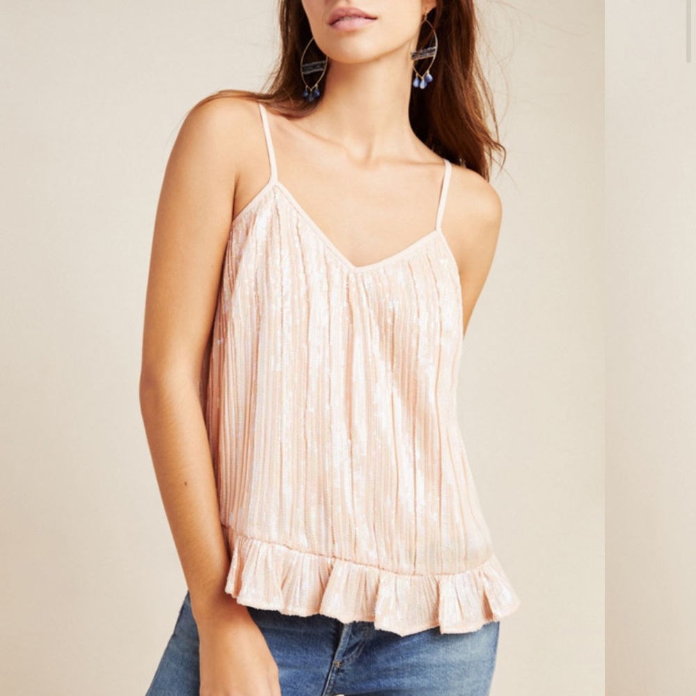 Anthropologie Amelie Pink Sequin Beaded Cami Ruffled Hem